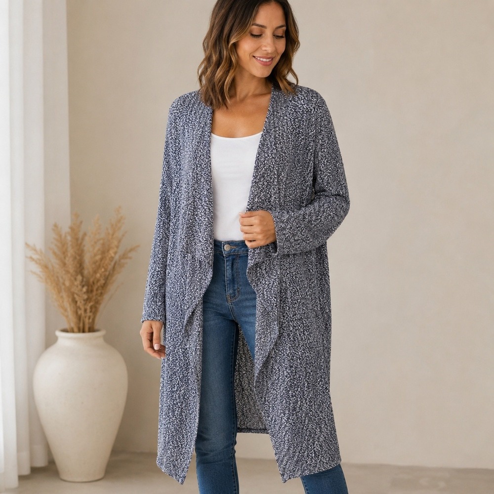 H&M Divided Womens Large‎ Navy Blue Marled Longline Open Front Cardigan Sweater
